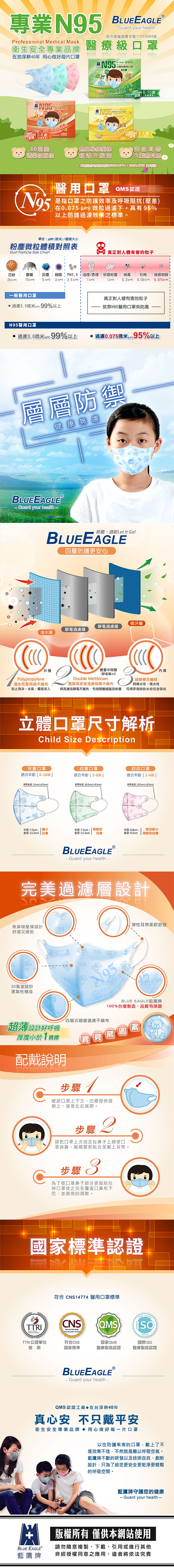 專業N Prfessional Medical Mask衛生安全專業品牌在地深耕40年 用心做好每片罩OMS  Guard your health高市衛醫器廣字第103004號醫療級罩  口0 9599610®OMS2-4彈性o 無無臭透氣性極佳叉貼  N95醫用口罩 是指口罩之防護效率及呼吸阻抗差在0.075 微粒過濾下有95%以上防護過濾效果之標準。單位微米/體積大粉塵微粒體積對照表Dust Particle Size Chart真正對人體有害的粒子花粉塵灰塵2010細菌 PM2.5油煙/香煙5 m 3  2.5 研磨粉塵 病毒1m石棉致癌物質0.3 ) 0.09 )0.075)一般醫用口罩真正對人體有害的粒子過濾3.0微米(99%以上就靠N95醫用口罩來防護N95醫用口罩過濾3.0微米() 99%以上 過濾0.075微米95%以上層層防禦健康 無慮BLUEEAGLE-Guard your health-粉塵、過敏Let It Go!BLUEEAGLE四層防護更安心吸汗層靜電過濾層靜電過濾層潑水層外層Polypropylene潑水性聚丙烯不防止飛沫、水氣、霧氣滲入2雙重中間層(靜電層)Double Meltblown雙層高密度過熔噴不超細複合纖維親水性、吸水性具效靜電不織布,有效隔離細菌及粉塵 將呼吸時的水份完全吸收立體口罩尺寸解析ld Size Description兒童口罩幼童口罩幼幼口罩適合年齡  6-10 適合年齡  2-6歲 適合年齡 2-4歲 束帶長度:()束帶長度:10.5cm(0.5cm)束帶長度:10.5cm(0.5cm):7.5cm: 小半徑:7.5cm|學齡前半徑:6.cm直徑:11.5cm 兒童直徑:11.5cm兒童直徑:9.5cm型較小學齡前幼童BLUEEAGLEⓇGuard your health-完美過濾層設計無鼻樑壓條設計舒適又服貼3D氣室設計透氣性極佳彈性耳帶柔軟舒適BLUE EAGLE藍鷹牌100%台灣製造,品質有保證超薄設計好呼吸厚度小於1mm配戴說明四層式細菌過濾不織布寶貝圖步驟1確認口罩上下方,凹槽部份請朝上,接著左右展開。步驟2請把口罩上方固定在鼻子上使口罩與鼻、臉頰緊密貼合並戴上耳帶。3步驟 8為了使口罩鼻子部分更服貼拉伸口罩使之完全覆蓋口鼻和下巴,並微微的調整。國家標準認證TTRI公證單位檢測符合CNS14774醫用口罩標準CNS    Chi符合CNS國家標準QMS國家QMS醫療製造認證 13485ISO2016國際ISO醫療製造認證BLUEEAGLEⓇ- Guard your health -QMS認證工廠在台深耕40年真心安不只戴平安衛生安全專業品牌 用心做好每一片口罩以往防護率高的口罩,戴上了不是效果不佳,不然就是難以呼吸空氣。藍鷹牌不斷的研發以及技術改良、創新設計,只為了給您更安全更乾淨更輕鬆的呼吸空間。藍鷹牌守護您的健康-Guard your health- 版權所有 僅供本網站使用BLUE EAGLE藍鷹牌請勿隨意複製、下載、引用或進行其他非經授權同意之應用,違者將依法究責